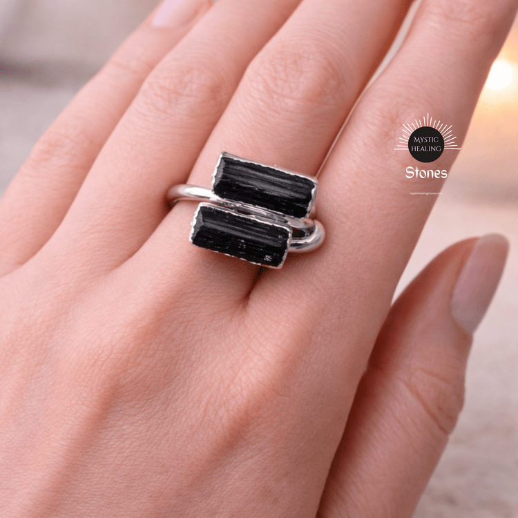 Black Tourmaline Swirl Crystal Rings