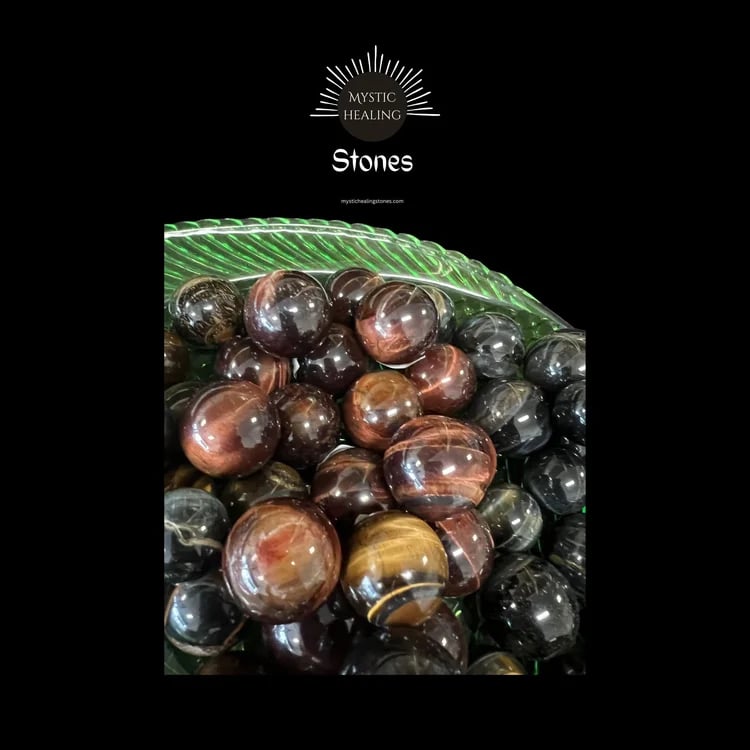 A collection of polished tiger's eye spheres in a green glass bowl for mystic healing.