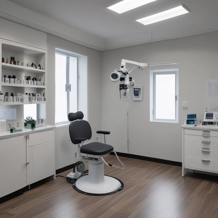 Close-up of an eye exam with optometry equipment in a modern clinic.