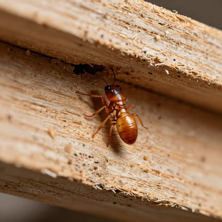 Macro shot of drywood termite damage inside a structural wooden beam, high-definition clinical lighting, clear wood texture detail.