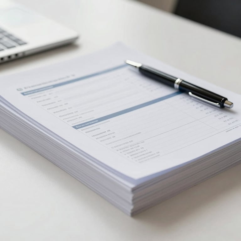 A organized stack of financial reports and a pen on a clean desk, reflecting attention to detail.