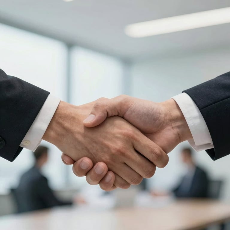 Close-up of a professional handshake in a bright, airy corporate environment, representing trust and partnership.