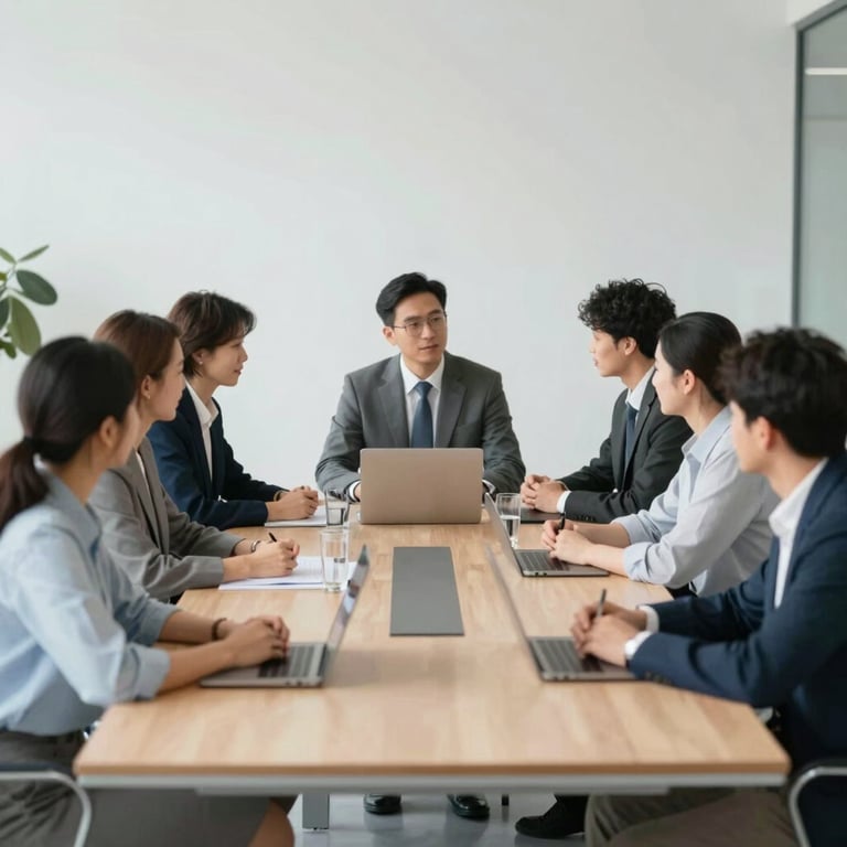 A group of diverse professionals in a collaborative meeting around a modern conference table.