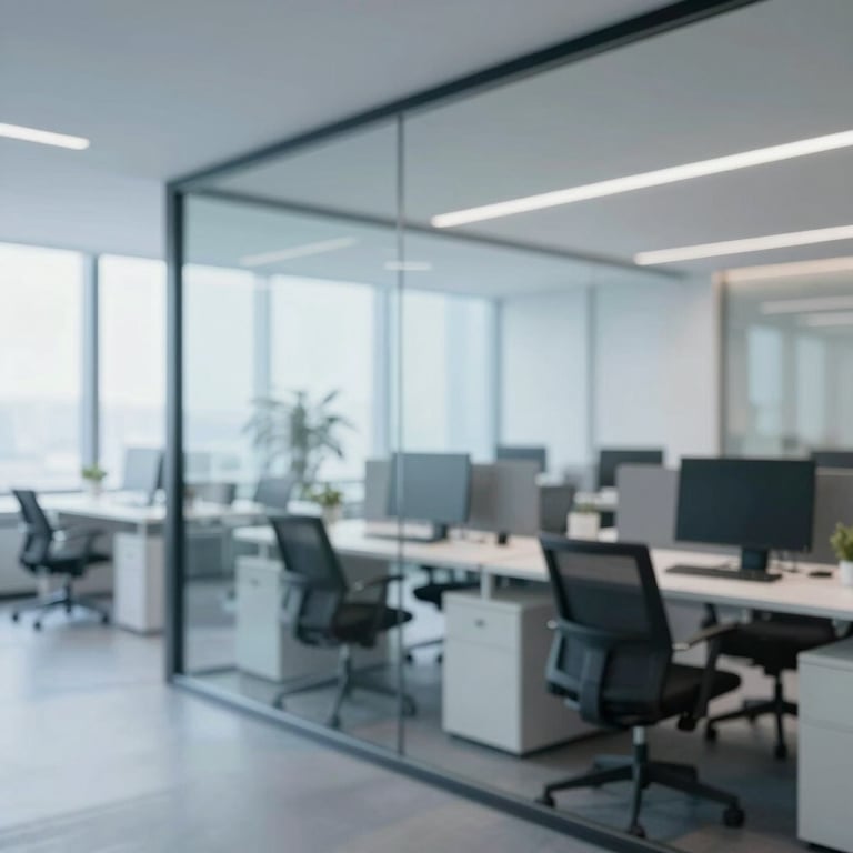 Modern office interior with glass walls and professional furniture in shades of #0A1C29 and #EAF2F4.