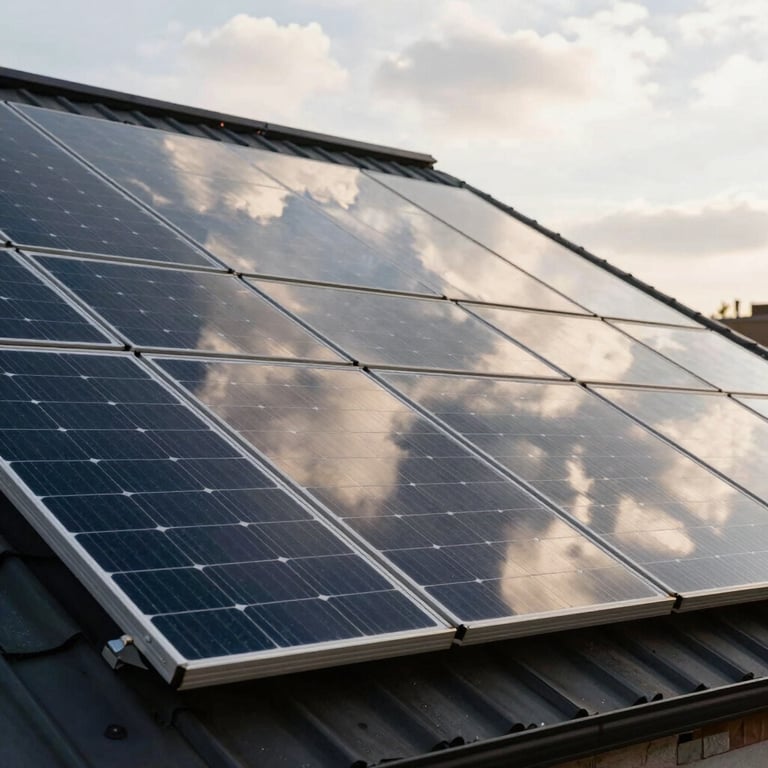 A residential roof featuring a grid of black solar panels reflecting a soft cloud white sky.
