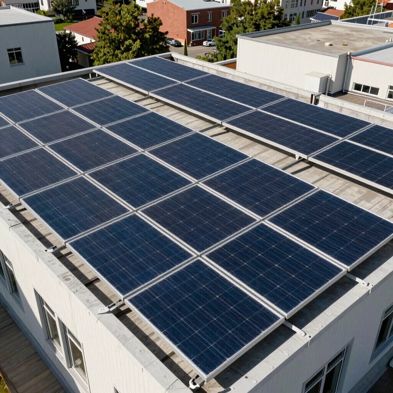 A community center rooftop fully covered in high-efficiency solar panels under bright daylight.