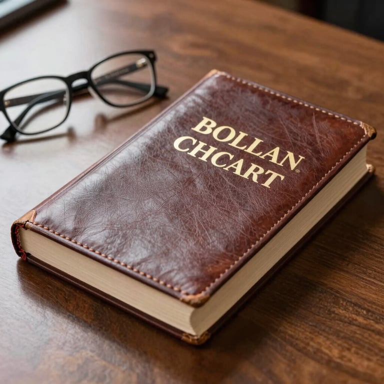 Detail shot of a leather-bound legal book and a pair of spectacles on a polished wooden desk in a law office.