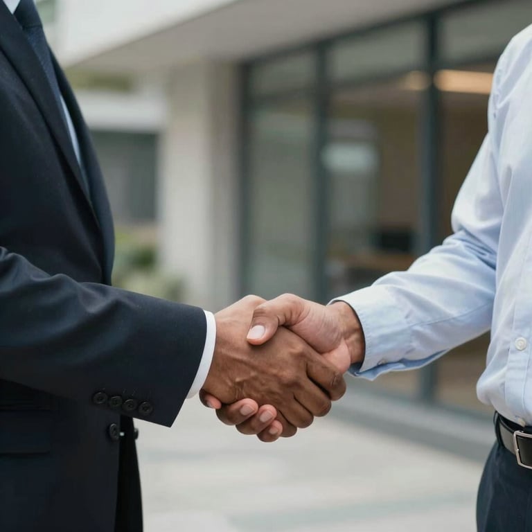 Two professionals in a South Asian corporate setting shaking hands firmly, symbolizing trust and partnership.