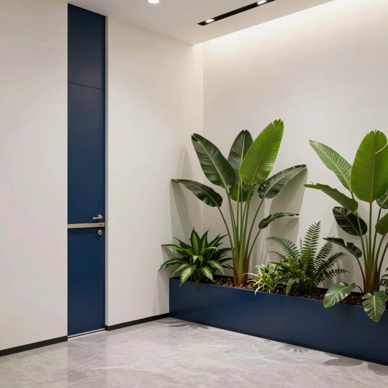 Modern minimalist office interior in India with off white walls, navy accents, and lush indoor greenery.