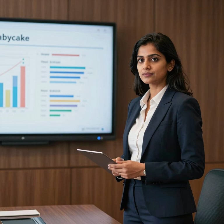 A South Asian female professional in formal business wear presenting data on a screen in a sophisticated boardroom.