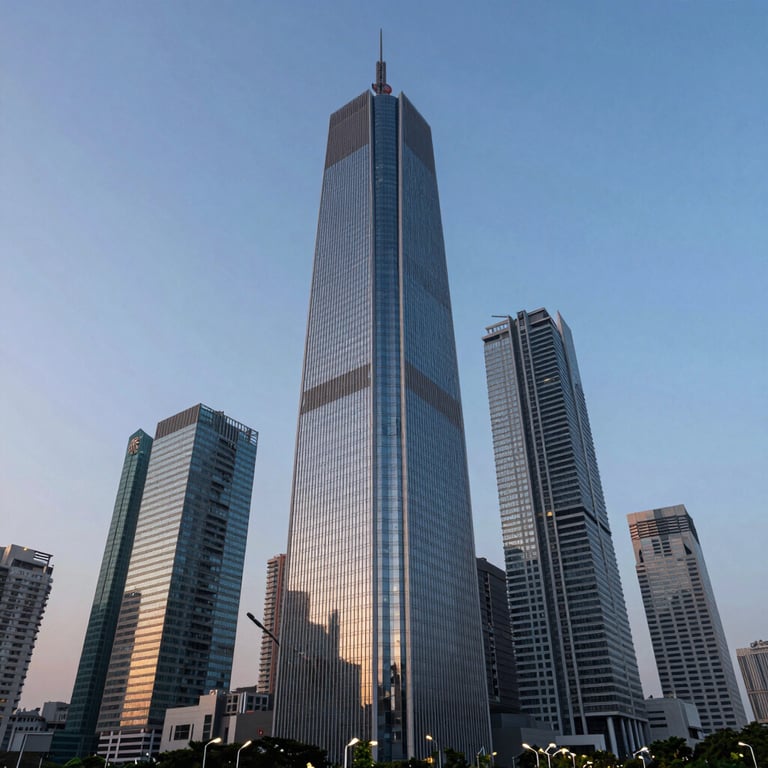 A wide-angle shot of a modern Indian skyscraper skyline in a business hub, reflecting a steel blue sky at dusk.