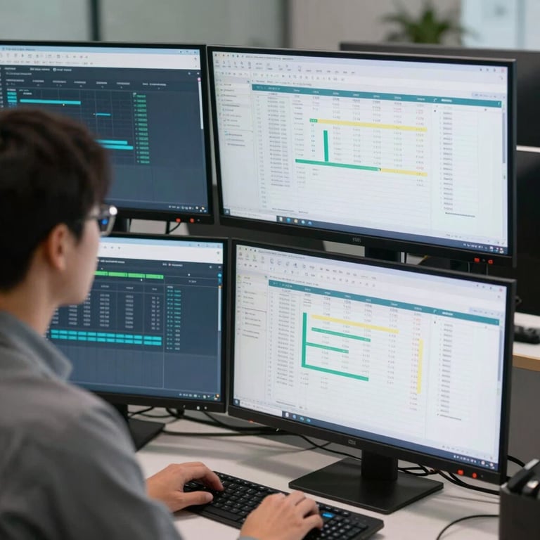 A technology-driven workspace featuring multiple monitors displaying complex accounting software and data charts.