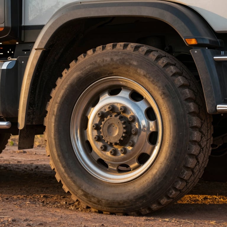 Close-up of a heavy-duty truck wheel and chrome rim on a dusty Southern African road with gold light reflections.