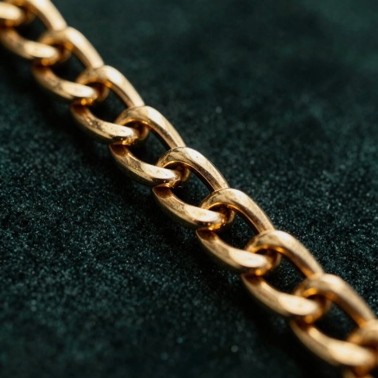 Macro details of a heavy 18k gold chain link resting on a dark velvet surface, golden reflections, dark moody lighting
