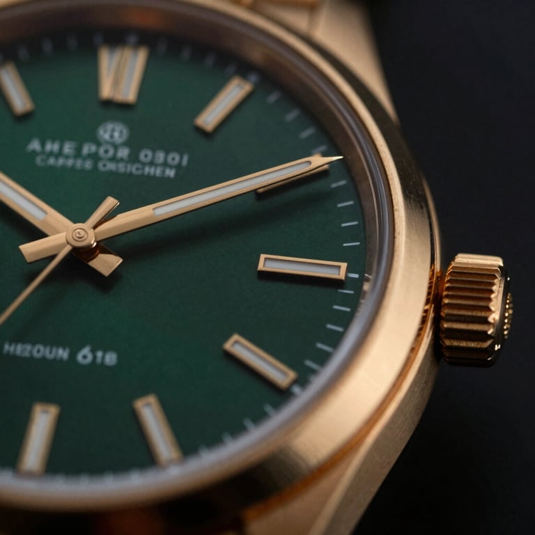 Tight macro shot of a gold watch bezel and dark green dial, dramatic side lighting, luxury aesthetic