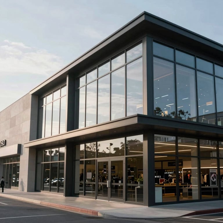 Exterior of a sleek, modern commercial shopping center with large glass facades reflecting a bright blue-grey sky.