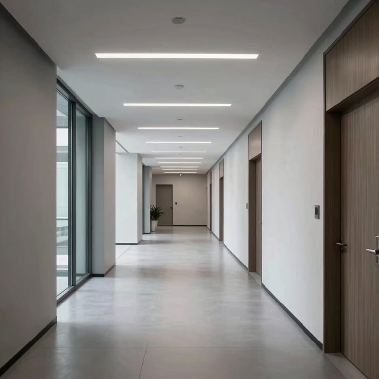 Interior view of a modern administrative building hallway featuring minimalist lines, professional lighting, and silver mist floors.