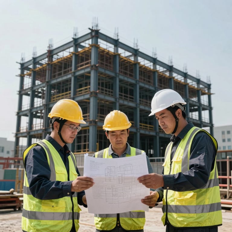 Construction site with professional workers in safety gear reviewing blueprints against a backdrop of a rising steel structure in deep slate.