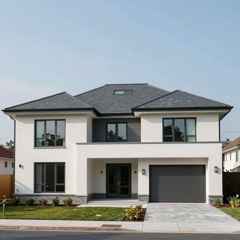 Wide shot of a newly constructed modern individual house with a clean architectural design and deep slate roof under bright daylight.