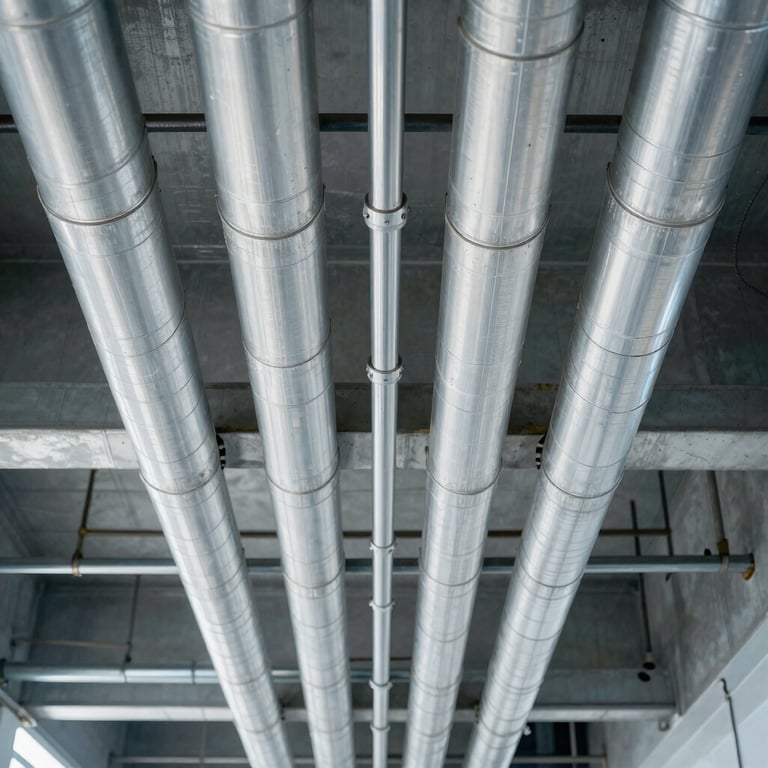 Detail of industrial engineering network pipes neatly and symmetrically installed along a silver mist painted ceiling.