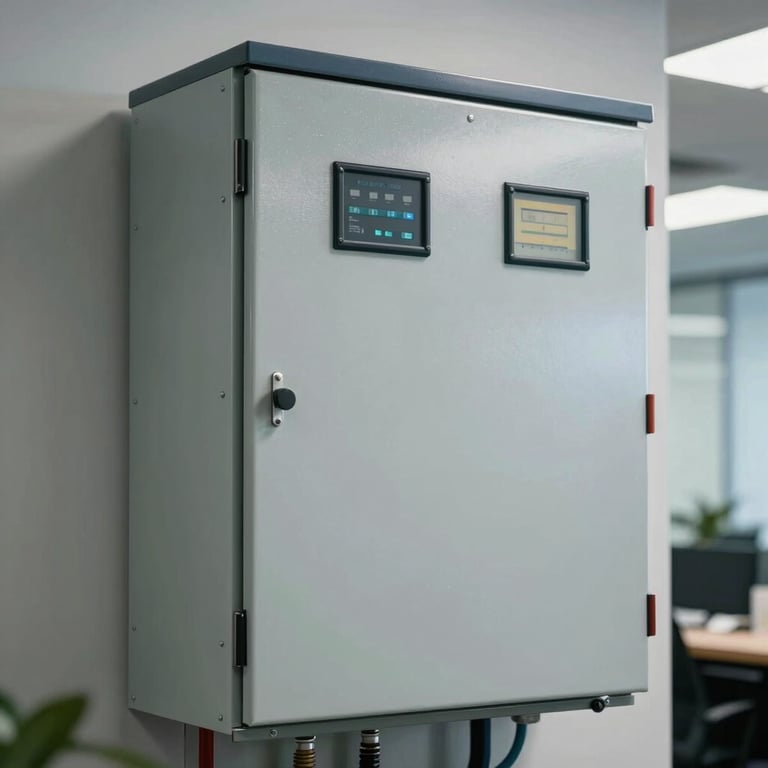 A newly installed commercial electrical panel in a North American office building, sleek industrial design.