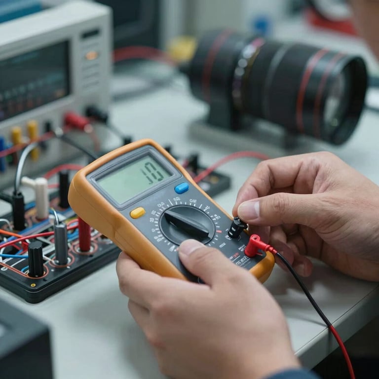 Close-up of a hand testing an electrical circuit with a digital multimeter in a high-tech facility, electric blue accents.