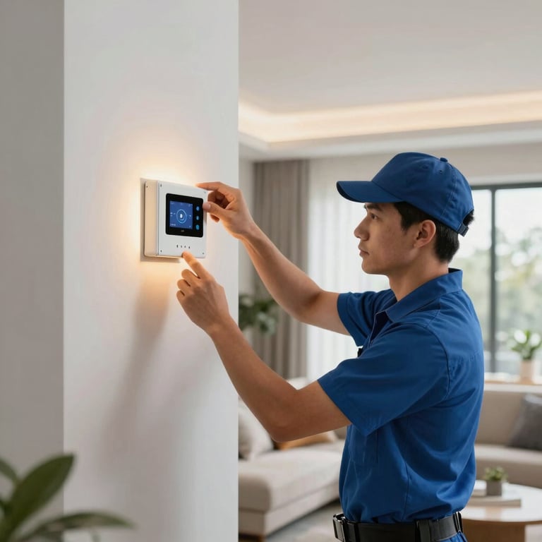 A North American electrician installing a modern smart lighting system in a contemporary Orlando living room, bright clean lighting.