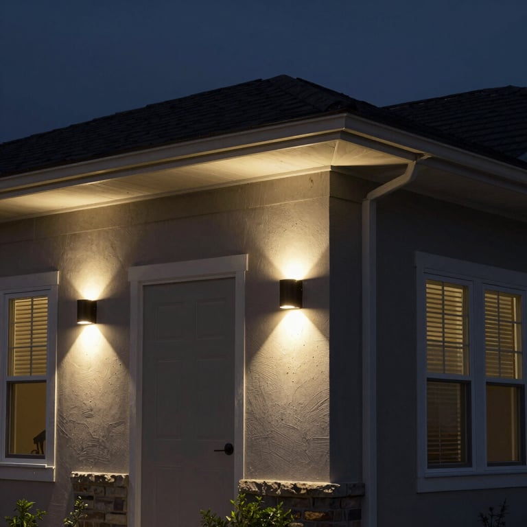 Exterior shot of a North American home with beautiful modern outdoor security lighting installed against a dark sky.
