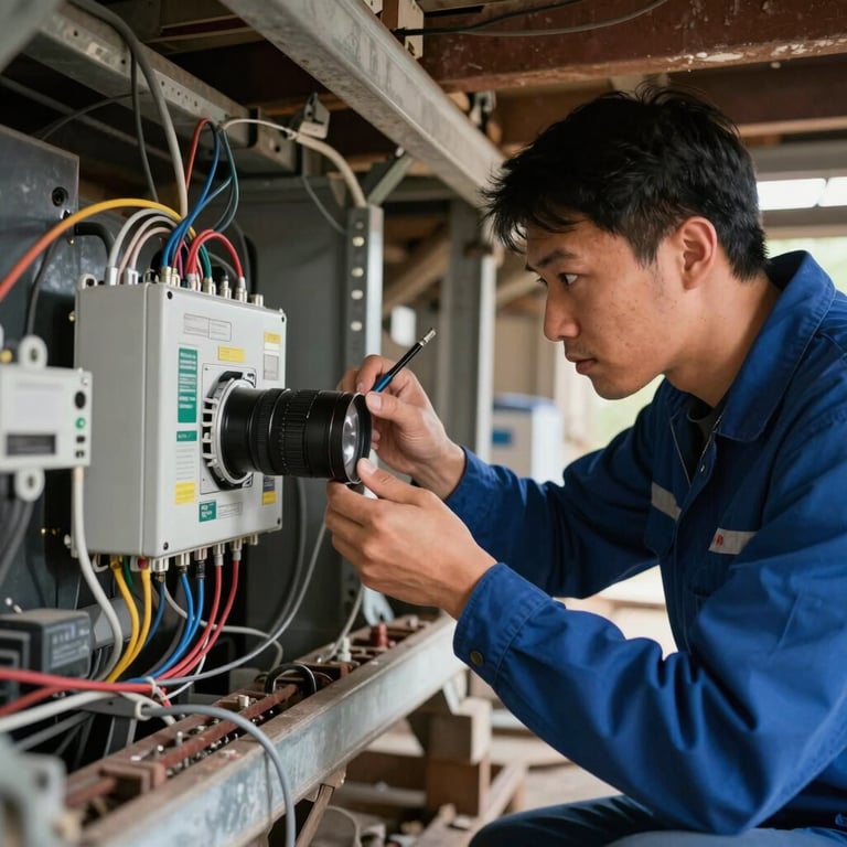 A licensed technician wearing a professional uniform repairing a complex wiring system in a North American attic.