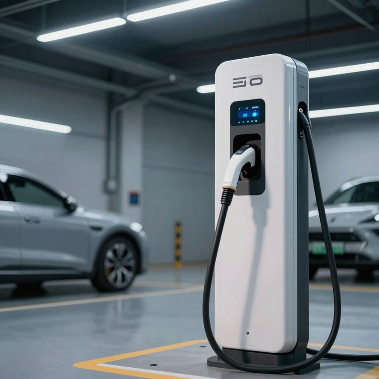 A high-speed EV charging station installed in a modern garage, showcasing energy flow and power reliability.