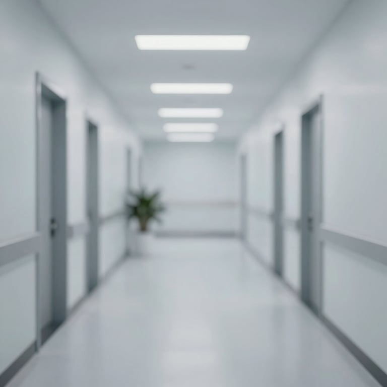 Detail of a clinic's hallway with a focus on clean, modern design and professional lighting in #F2F6F8 tones.
