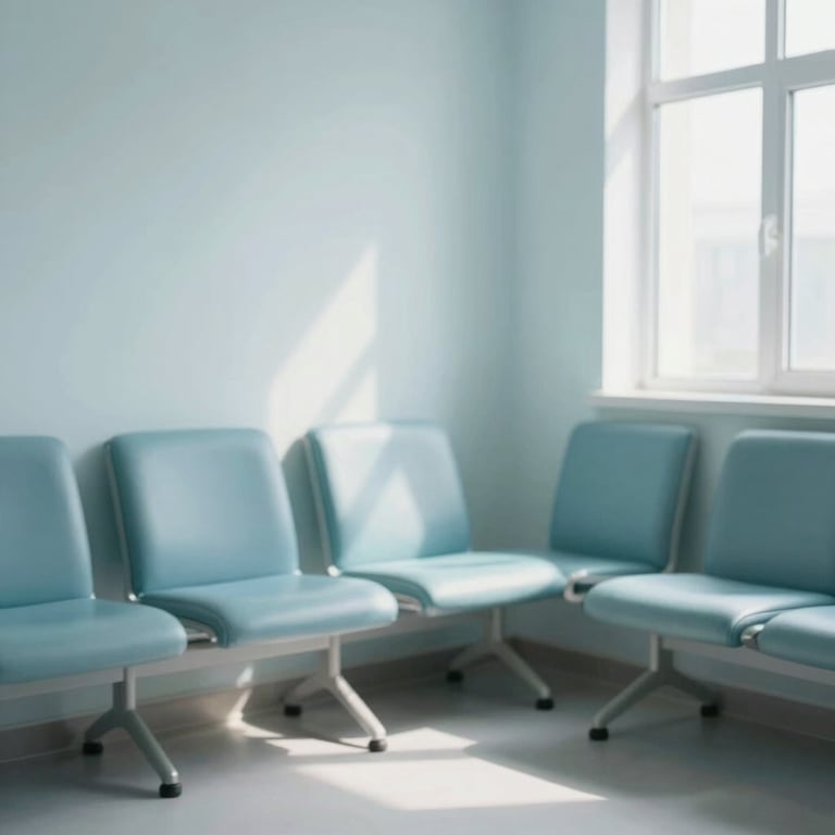 A peaceful waiting room corner with soft blue chairs (#B4D4DF) and natural light, projecting a serene patient environment.