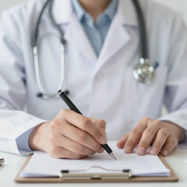 Healthcare professional's hands taking notes on a clipboard, symbolizing careful attention and expertise.
