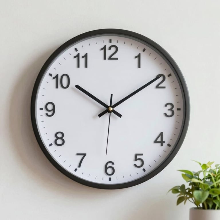 A close-up of a digital wall clock and a small green plant, representing punctuality and a welcoming, living care environment.