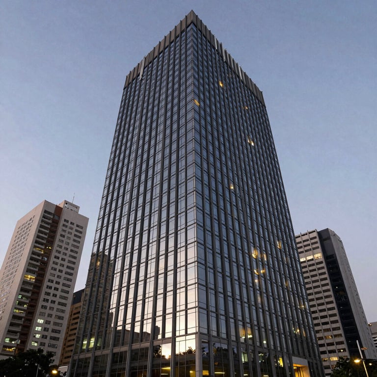 Exterior of a modern corporate building in a Brazilian business district at twilight.