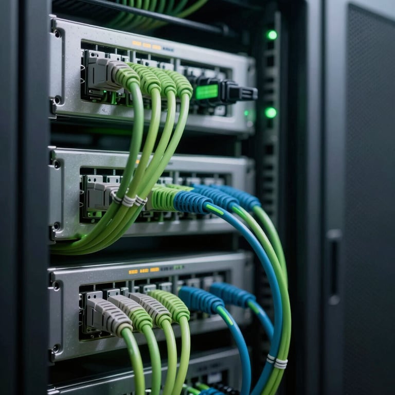 A tidy rack of server cables in a modern data center with green water accent lighting.
