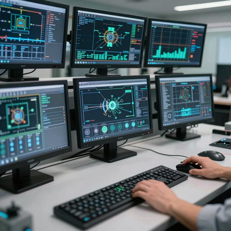 Detailed view of a high-tech control room with multiple monitors showing technical diagrams.