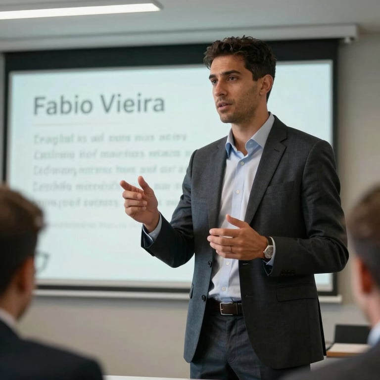 Fabio Vieira leading a technical presentation in a corporate setting, professional South American style.