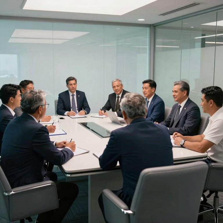 A South American professional team meeting in a bright, glass-walled boardroom with grey-blue furniture.