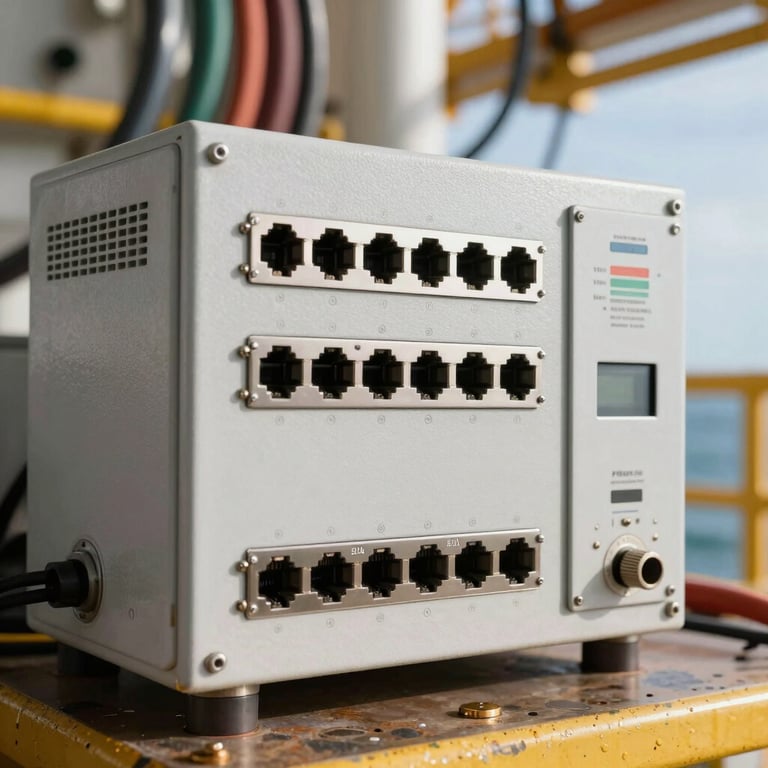 Close-up of industrial networking equipment on an offshore rig, bright professional lighting.