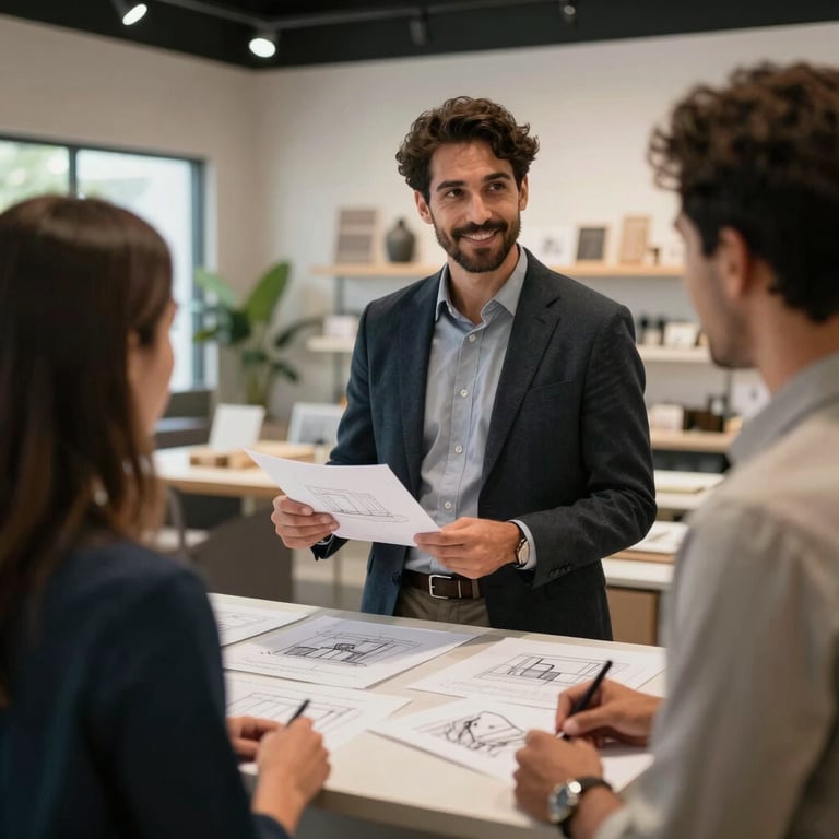A designer presenting 3D perspective drawings to a client in a professional North American / US (Florida) showroom environment.
