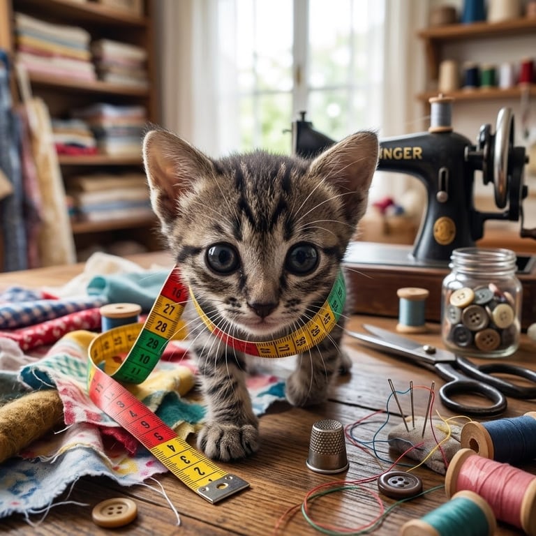 Gatito con cinta métrica en un taller de costura.