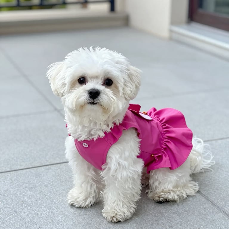 Perrita pequeña modelando su traje rosa 100% personalizado