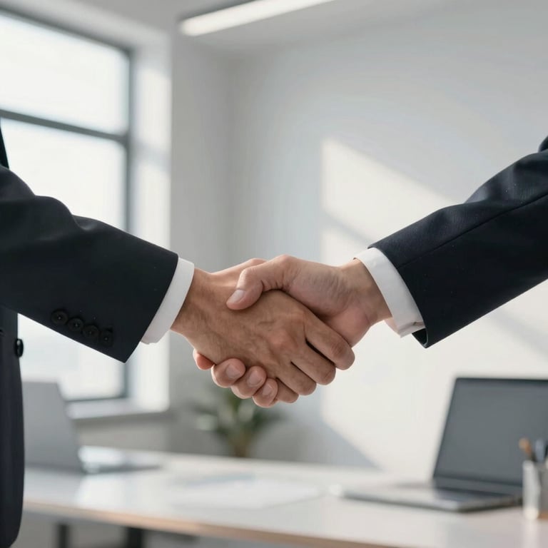Professional handshake in a bright, sunlit office with minimalist pearl grey decor.