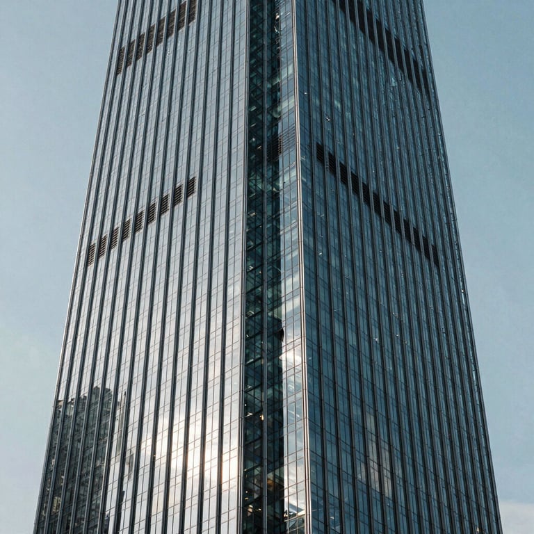 Abstract shot of light reflecting off a glass skyscraper against a clear sky.