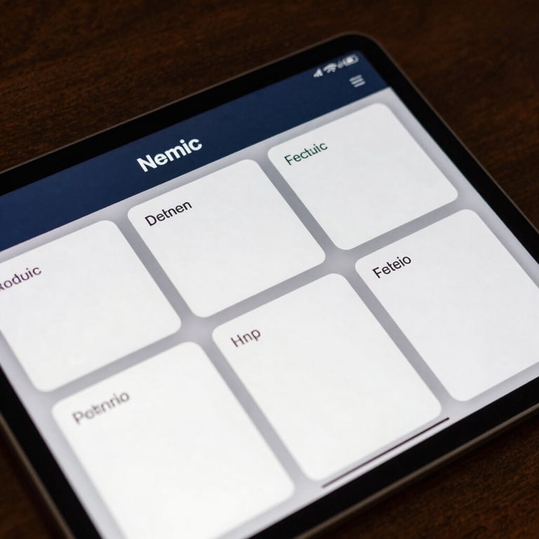 A close-up of a digital tablet showing a clean, modern dashboard in navy and white.