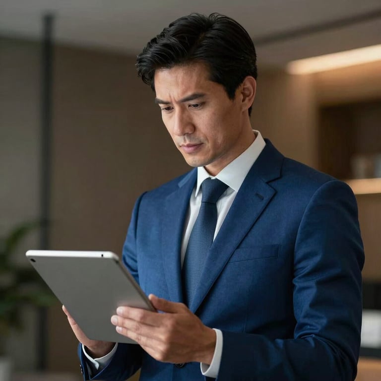 A business leader in a steel blue suit looking confidently at a tablet screen.