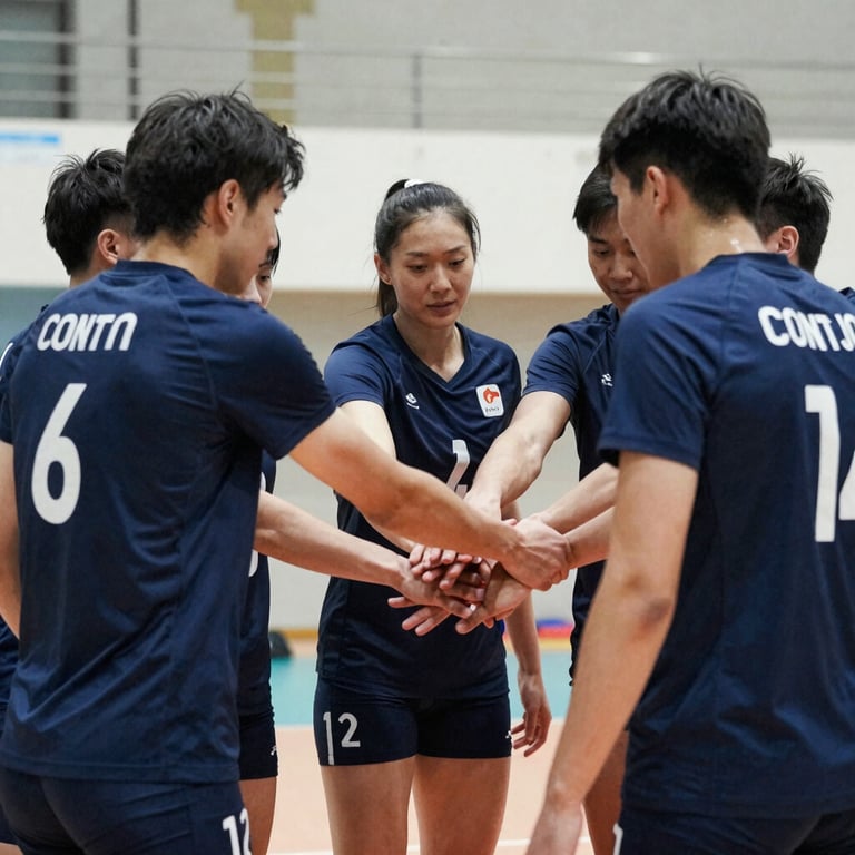 An unposed team huddle of volleyball players in matching navy jerseys, hands joined in the center, bright gym lighting, capturing a moment of genuine community and sportsmanship.
