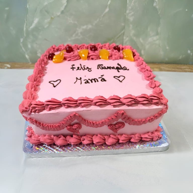 Pastel de cumpleaños cuadrado helado rosa con escritura Feliz Cumple Mamá y adornos de frutas en una