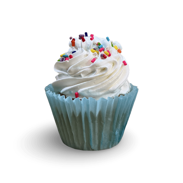Vanilla cupcake with white buttercream frosting and rainbow sprinkles in a light blue paper liner.